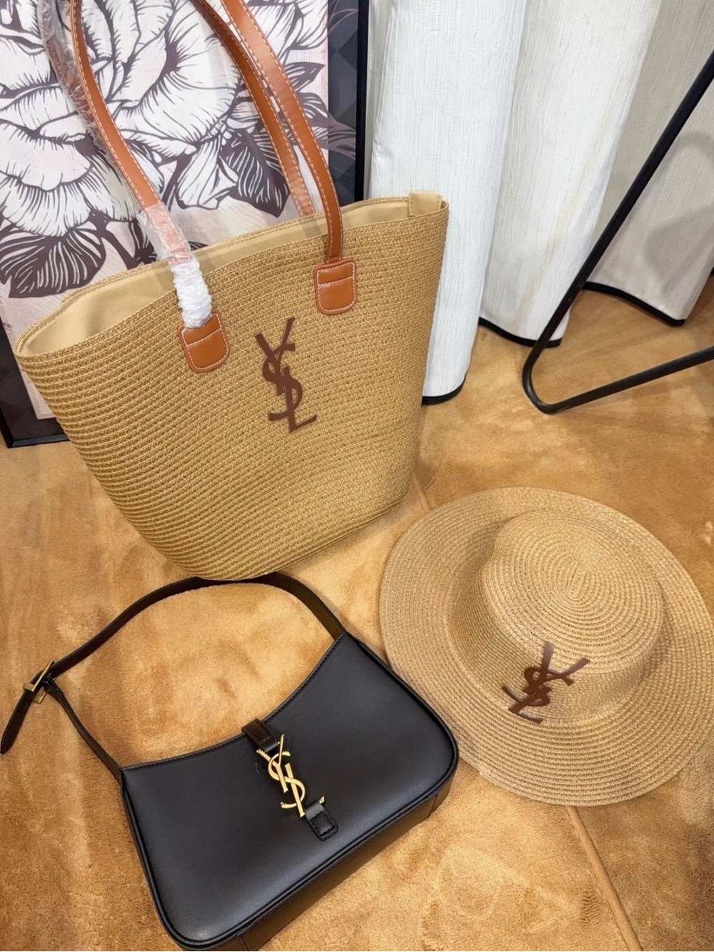 Straw Tote Bag, black hand bag with logo & hat with logo BUNDLE, dust bags inclu